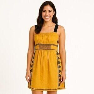 Floreat Anthropologie Mustard Embroidered Iris Sun Dress | 10